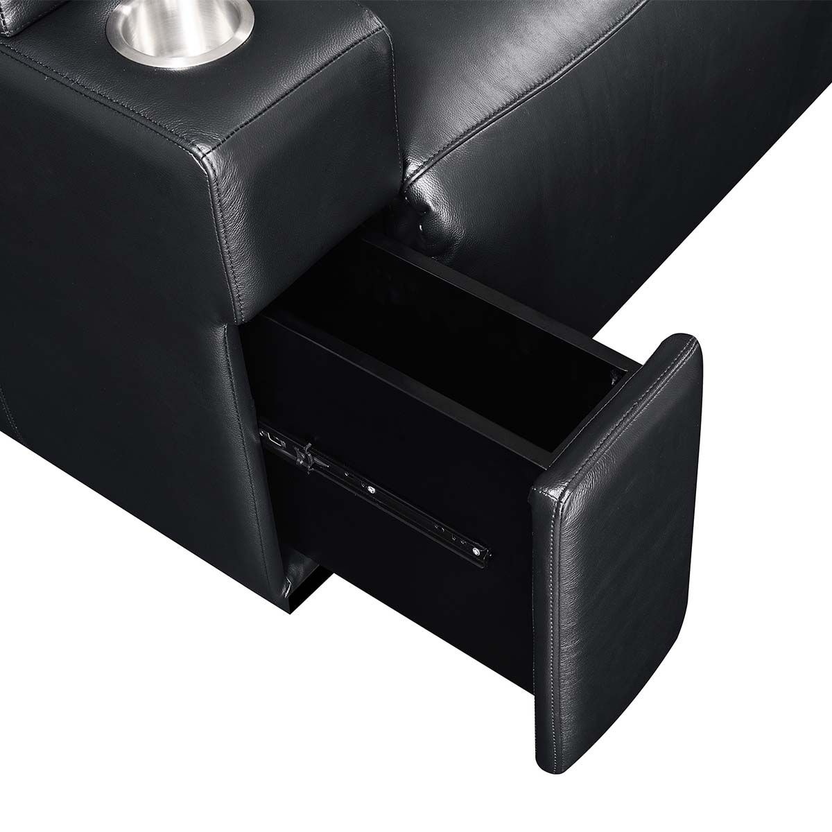 RowOne Calveri - Black Top Grain Leather w/ Matching Vinyl - Single Chair - zoomed storage drawer view
