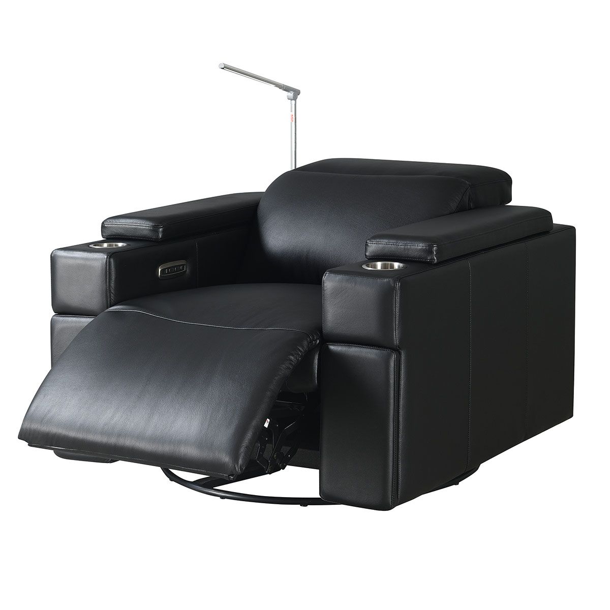 RowOne Calveri - Black Top Grain Leather w/ Matching Vinyl - Single Chair w/ Swivel Base - angled front view - opened