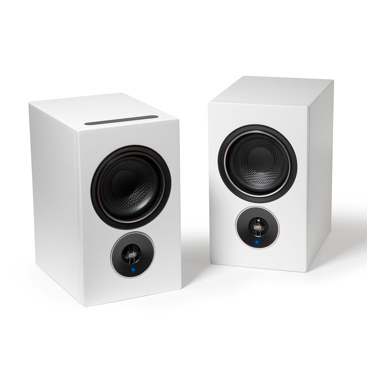 PSB Alpha iQ Streaming Powered Speakers - white pair - angled front view