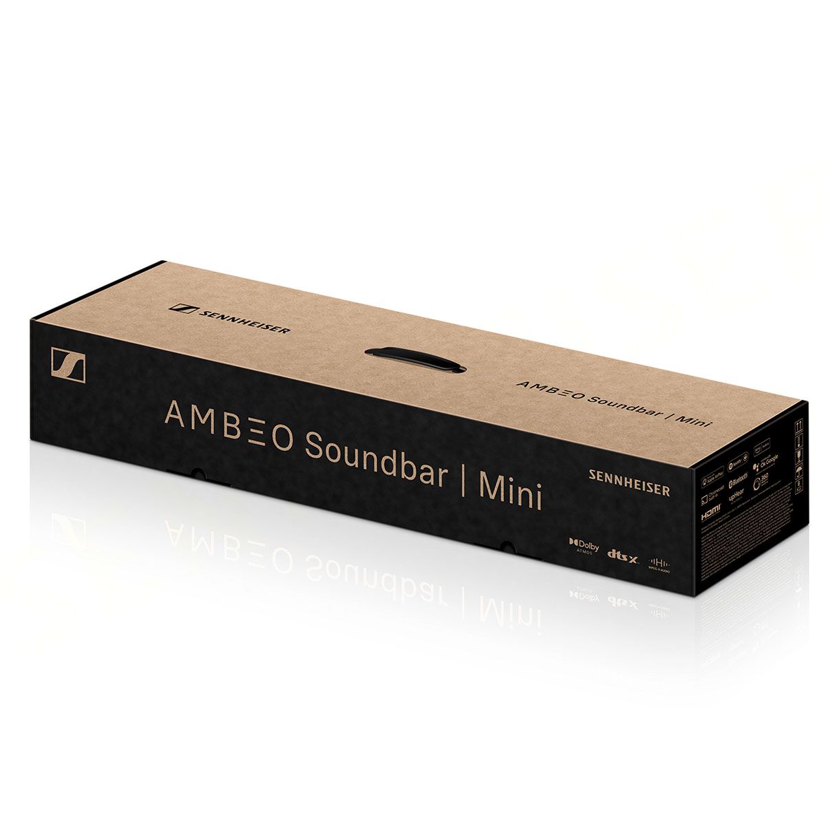 Packaging of Sennheiser Ambeo Soundbar Mini on white background at an angle