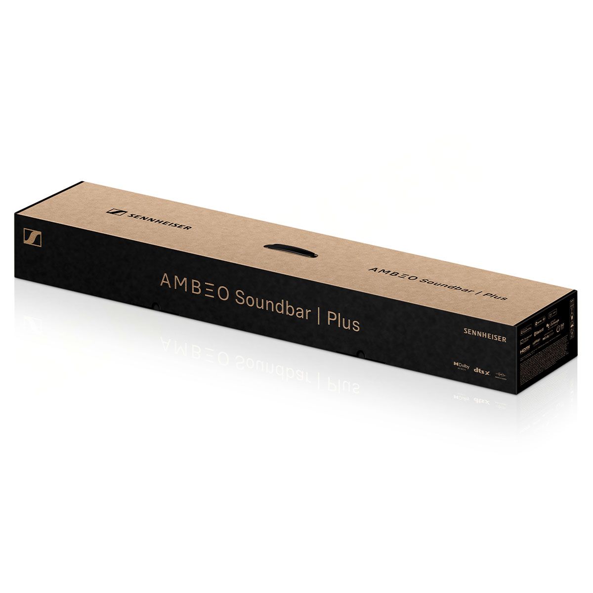 Packaging for the Sennheiser Ambeo Soundbar Plus on white background