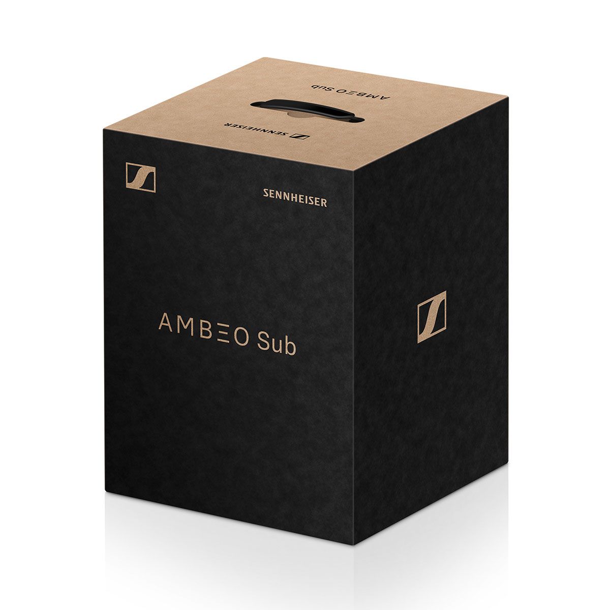 Sennheiser Ambeo Sub packaging on white background at angle