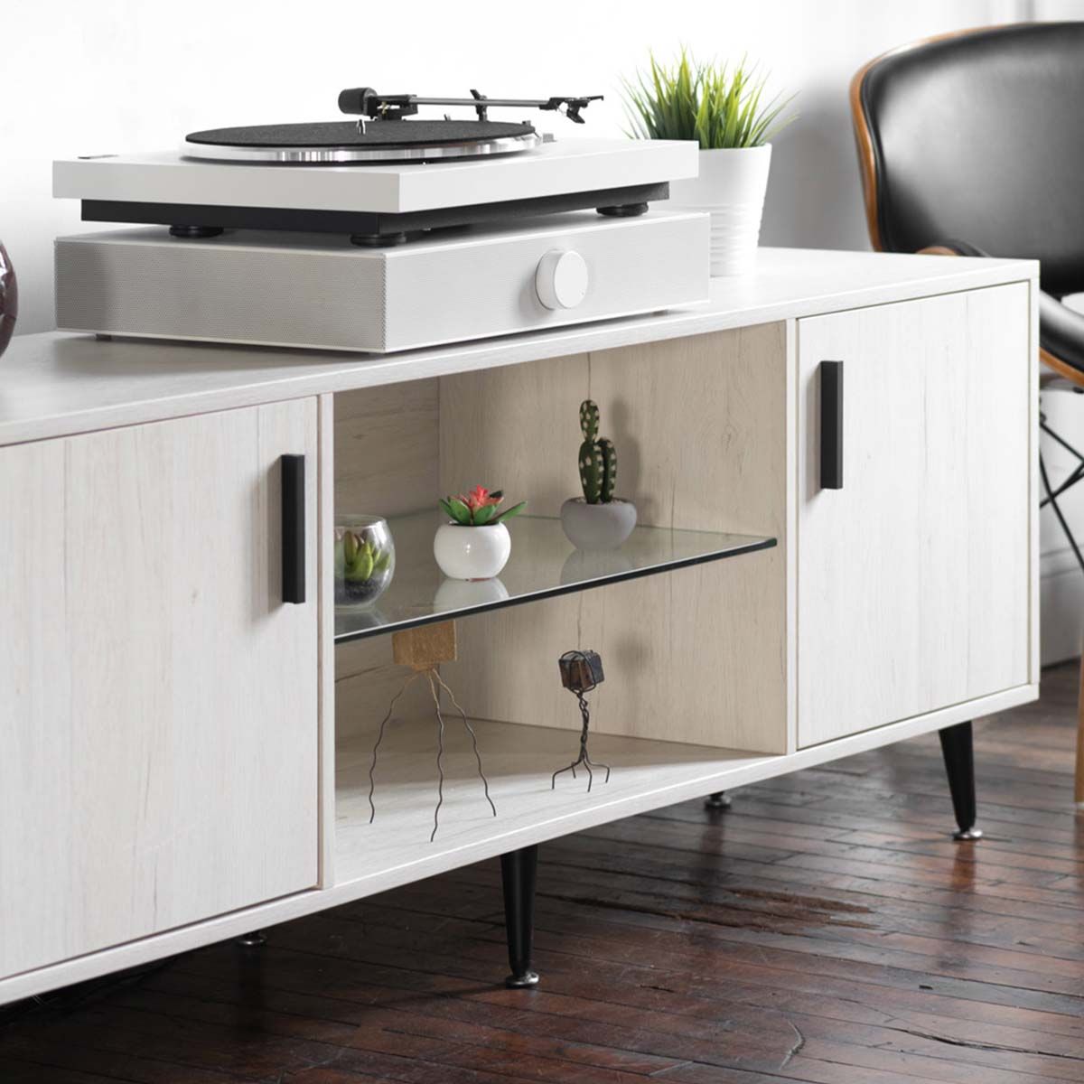 Andover SpinDeck Max Turntable, White, with SpinBase on top of white media cabinet