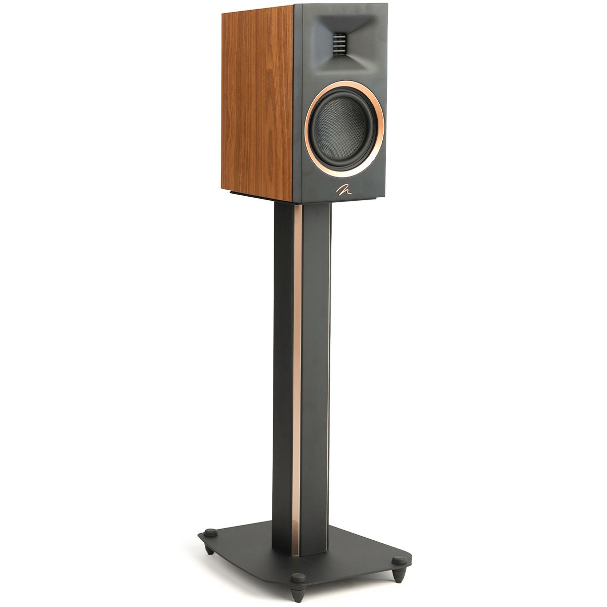 MartinLogan Motion XT B10  Bookshelf Speaker in walnut angled on stands view without grilles on white background
