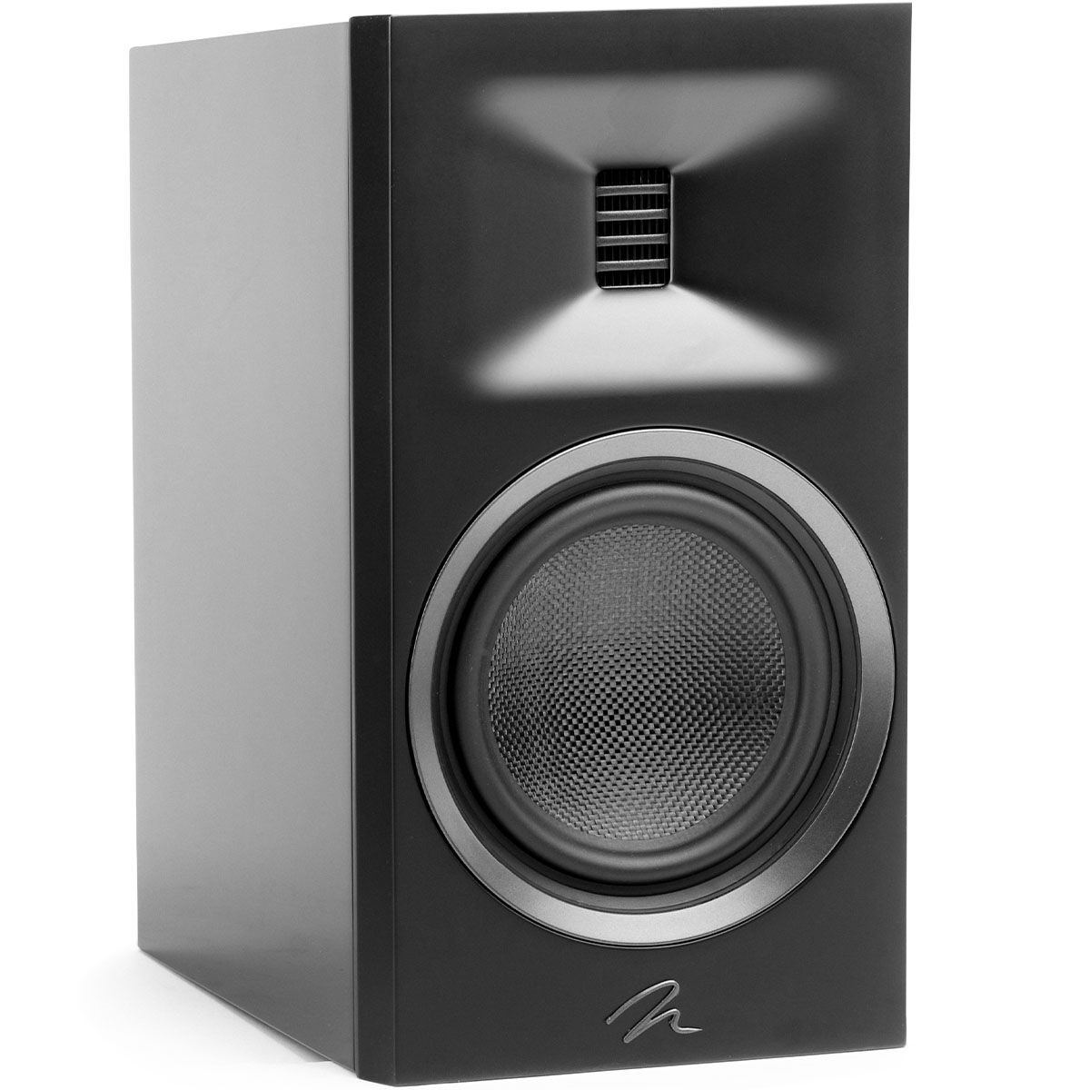 MartinLogan Motion XT B10  Bookshelf Speaker in black, angled view without grilles on white background