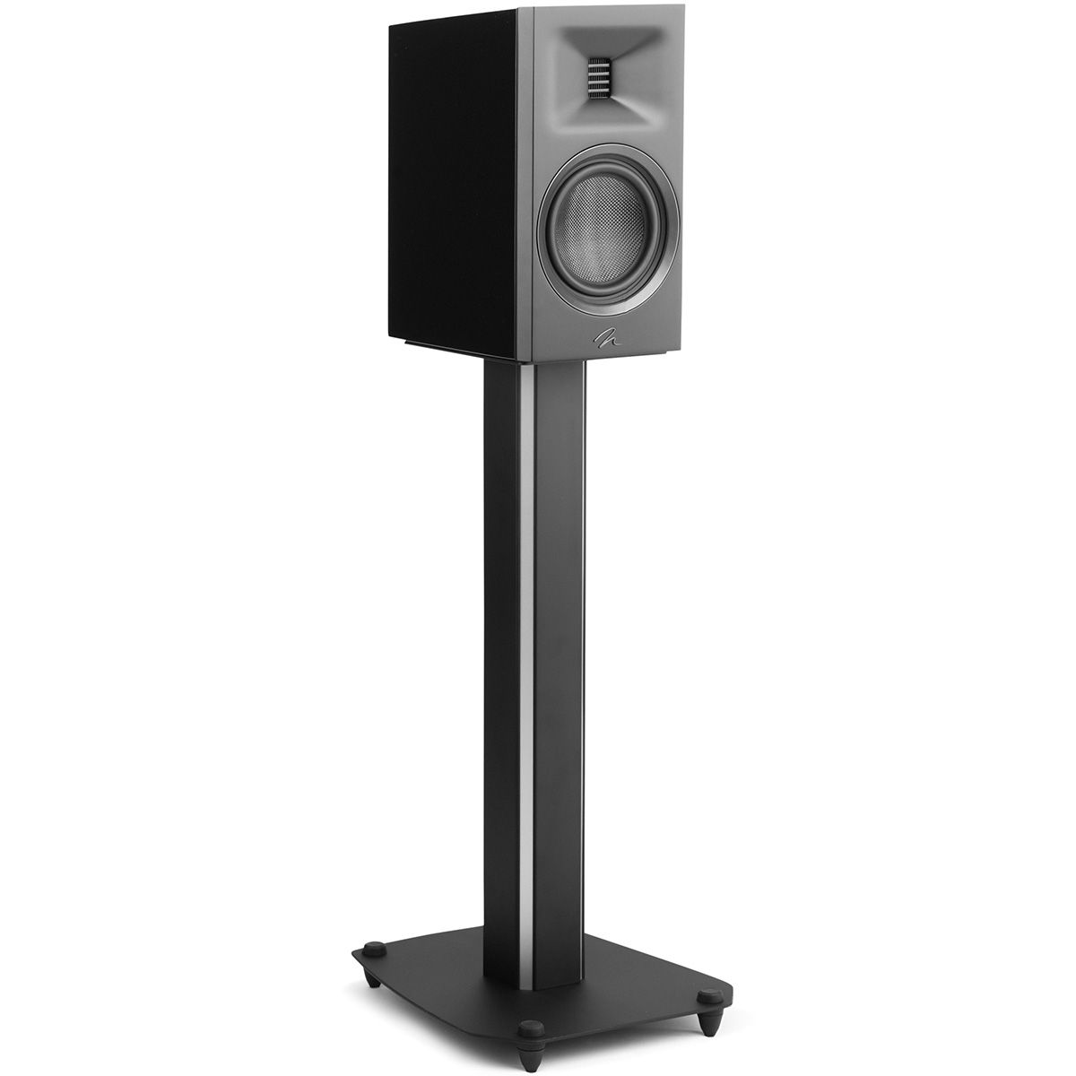 MartinLogan Motion XT B10  Bookshelf Speaker in black angled on stands view without grilles on white background