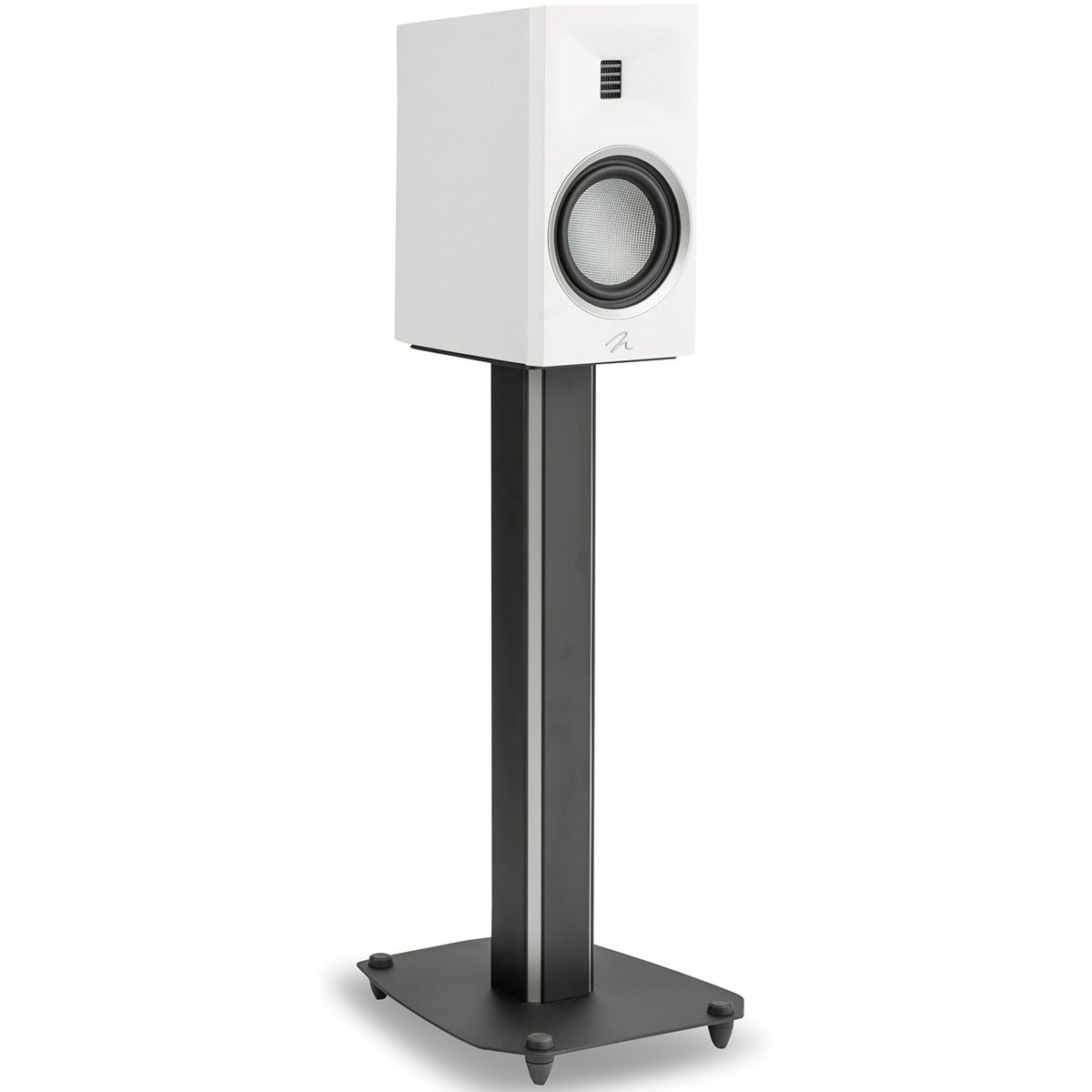MartinLogan Motion XT B10  Bookshelf Speaker in white angled on stands view without grilles on white background