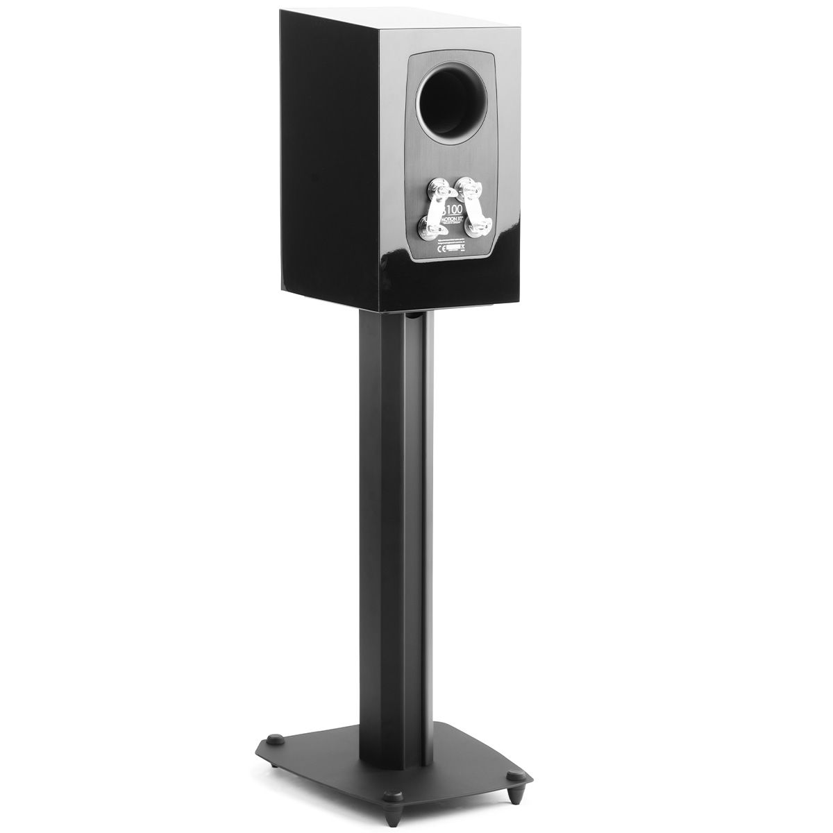 MartinLogan Motion XT B100  bookshelf Speaker in black, on stands, rear angled view with grilles on white background