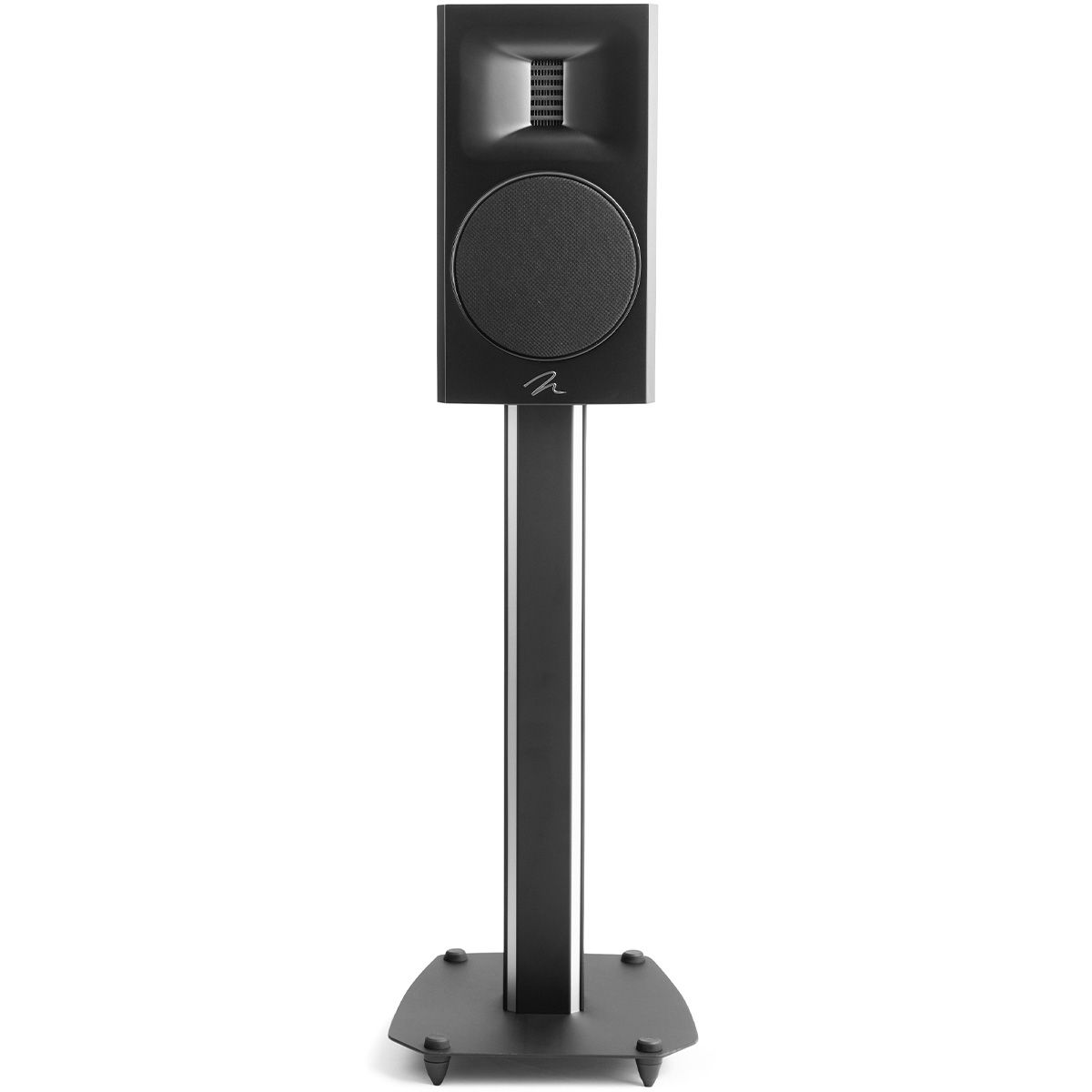 MartinLogan Motion XT B100 Bookshelf Speaker, on stands, in black, front view with grilles on white background