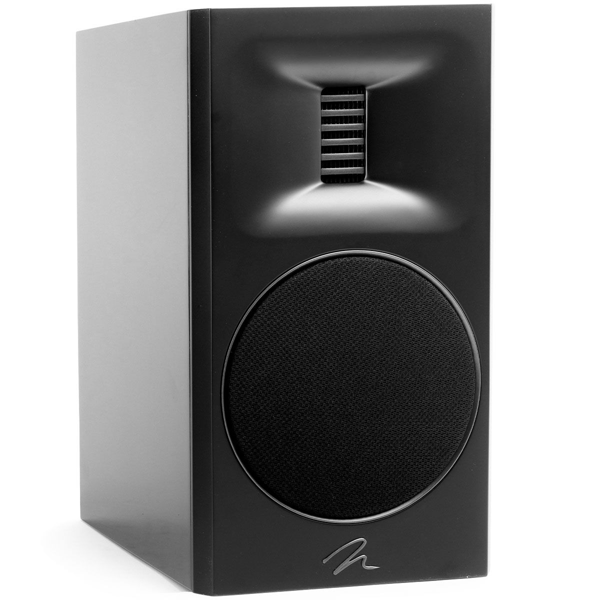 MartinLogan Motion XT B100  Bookshelf Speaker in black, angled view with grilles on white background