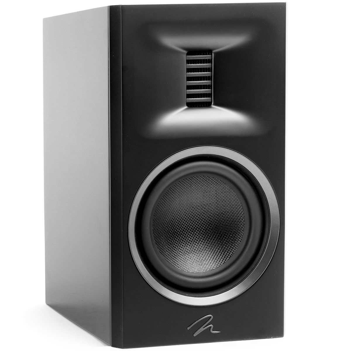 MartinLogan Motion XT B100  Bookshelf Speaker in black, angled view without grilles on white background