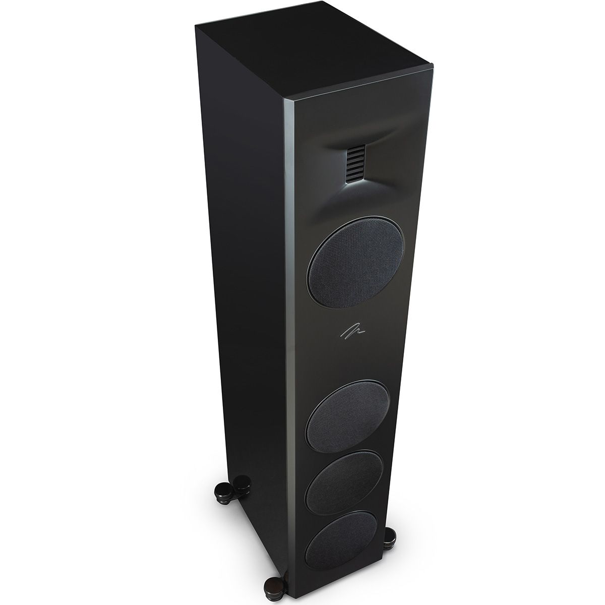 MartinLogan Motion XT F100  Floorstanding Speaker in black, skyscraper view with grilles on white background