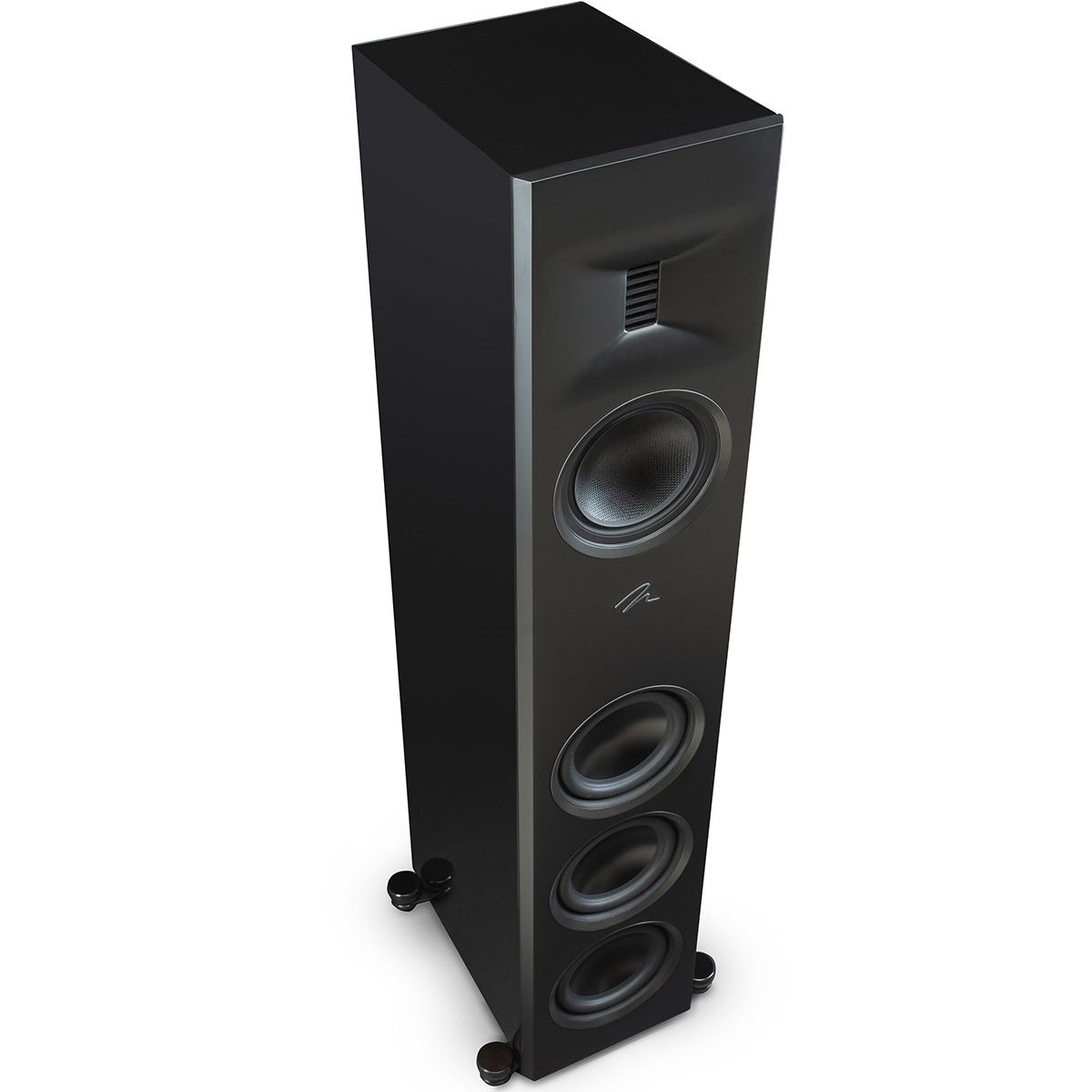 MartinLogan Motion XT F100  Floorstanding Speaker in black, skyscraper view with grilles off white background