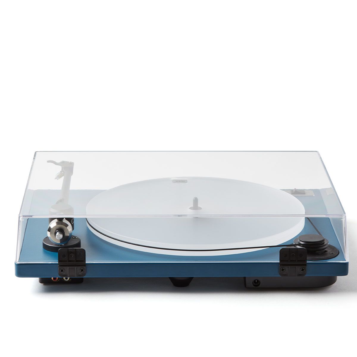 Blue U-Turn Orbit 2 Plus Turntable on white background with dustcover closed - rear inputs