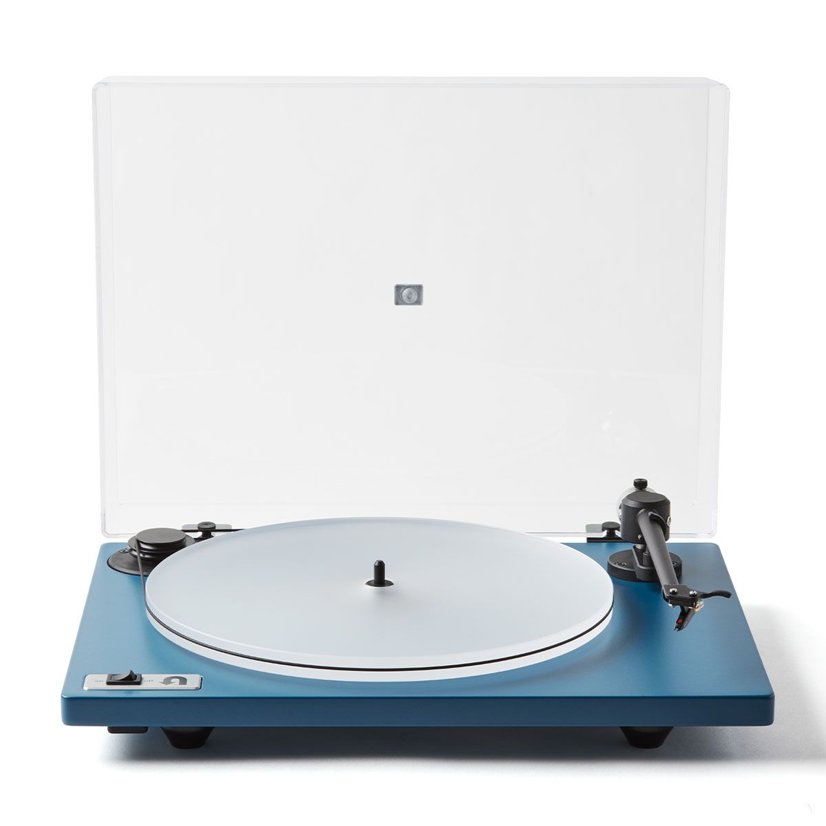 Blue U-Turn Orbit 2 Plus Turntable on white background with dustcover open
