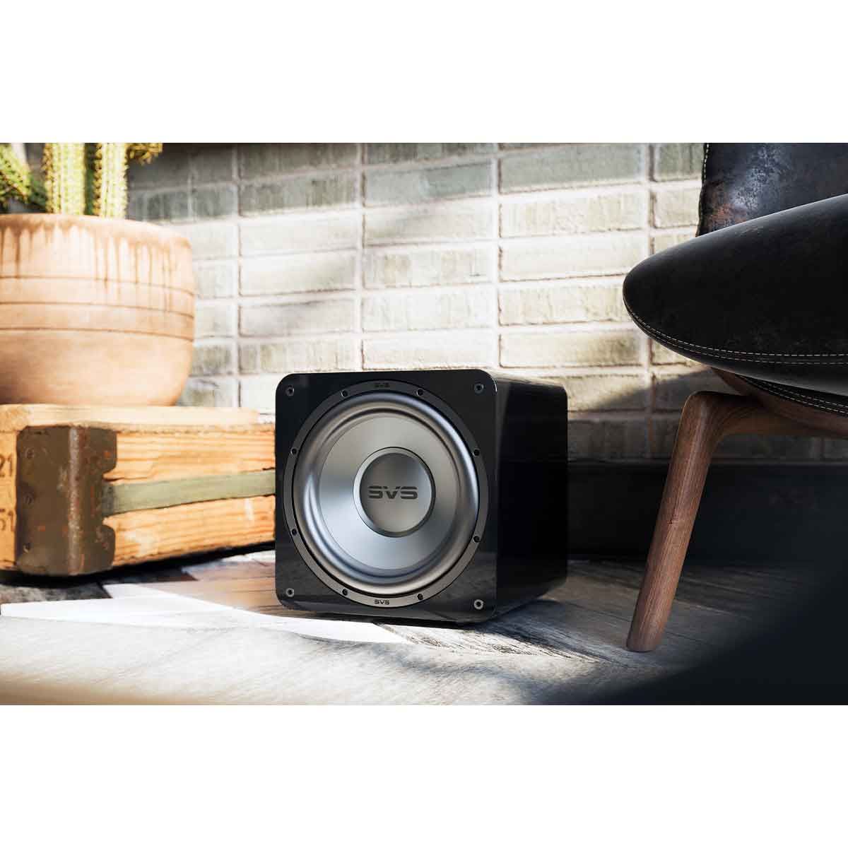 Angled view of the SVS SB-1000 Pro subwoofer in a living room.