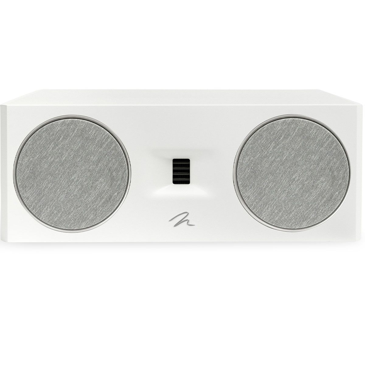 MartinLogan Motion C10  Bookshelf Speaker in white front angled view with grilles on white background