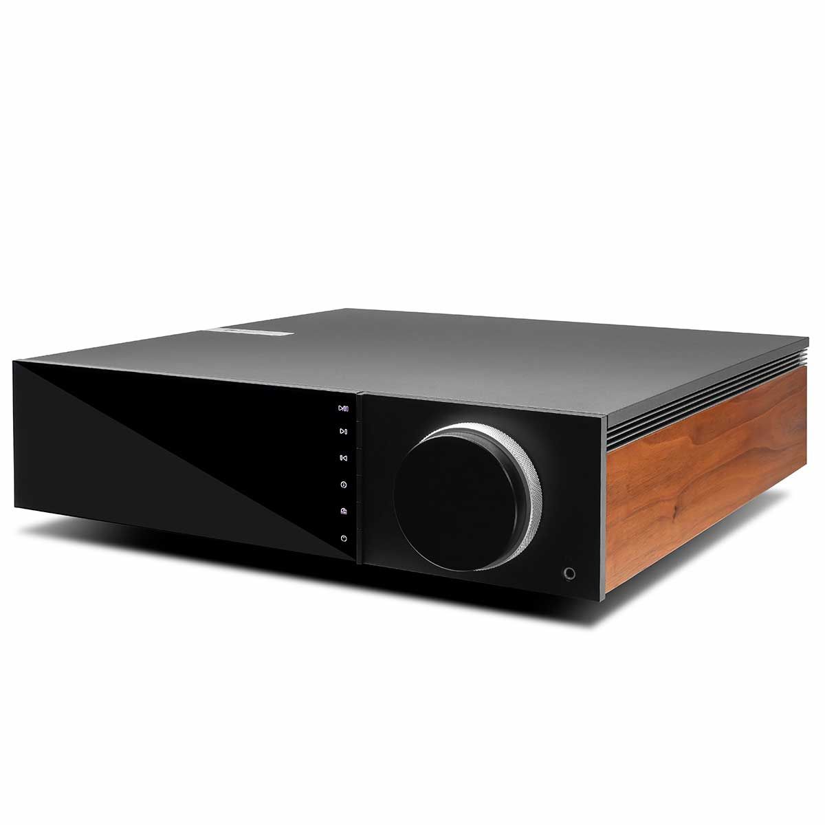 Cambridge Audio EVO 150 All-In-One Player, front left angle with wood side plate