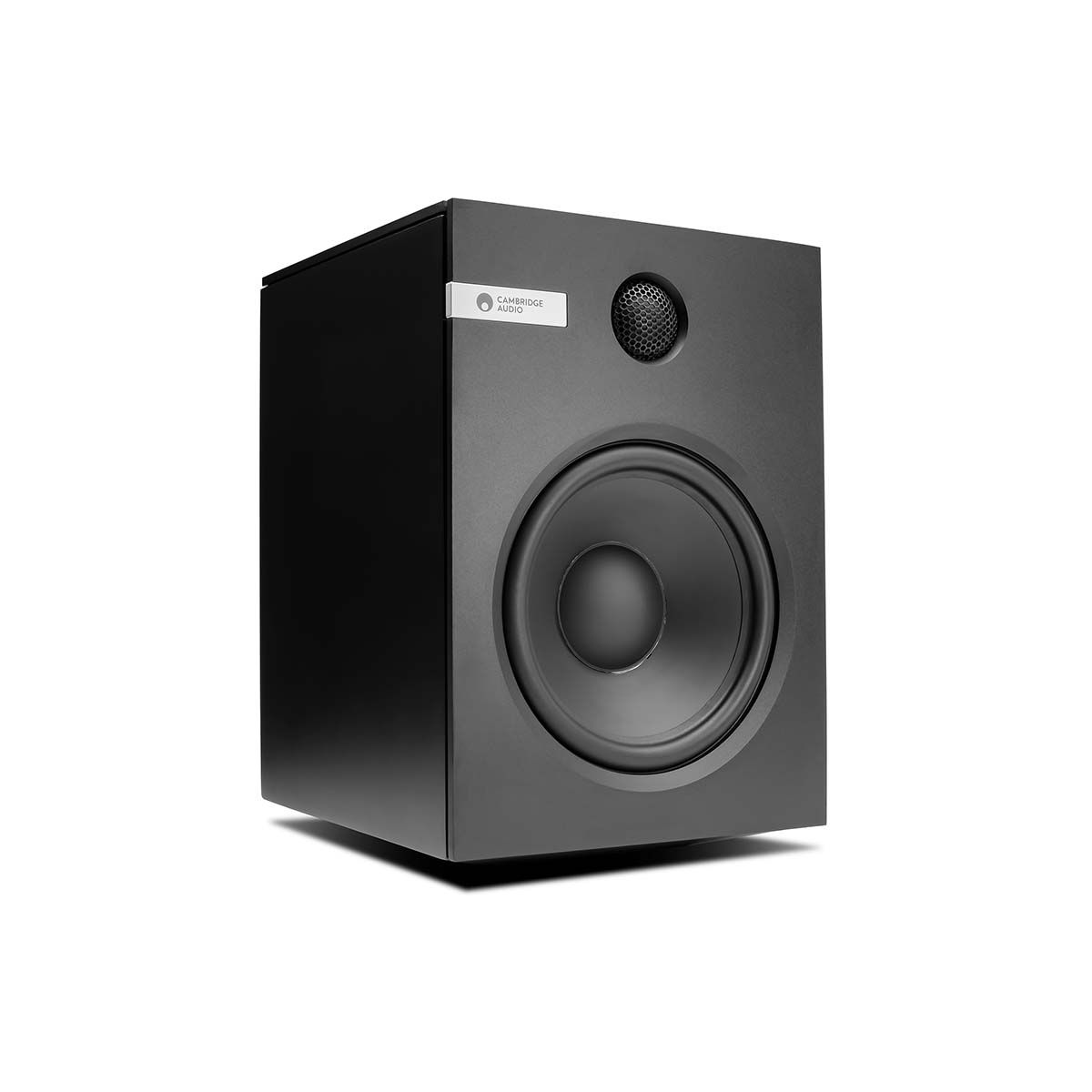 Cambridge Audio EVO S Bookshelf Speakers, black, front angle view without grille