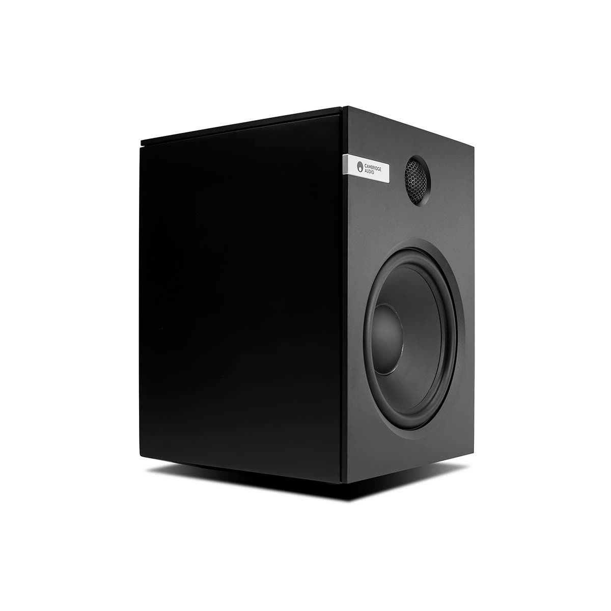 Cambridge Audio EVO S Bookshelf Speakers, black, side angle view without grille