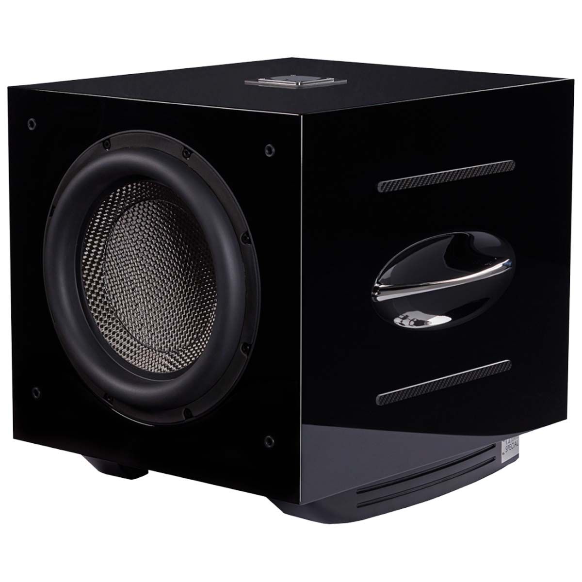 REL Serie S Carbon Special Subwoofer - Piano Black angled front view without grille