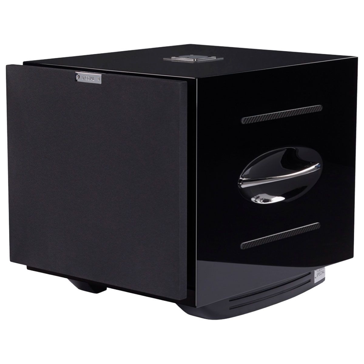 REL Serie S Carbon Special Subwoofer - Piano Black angled front view with grille