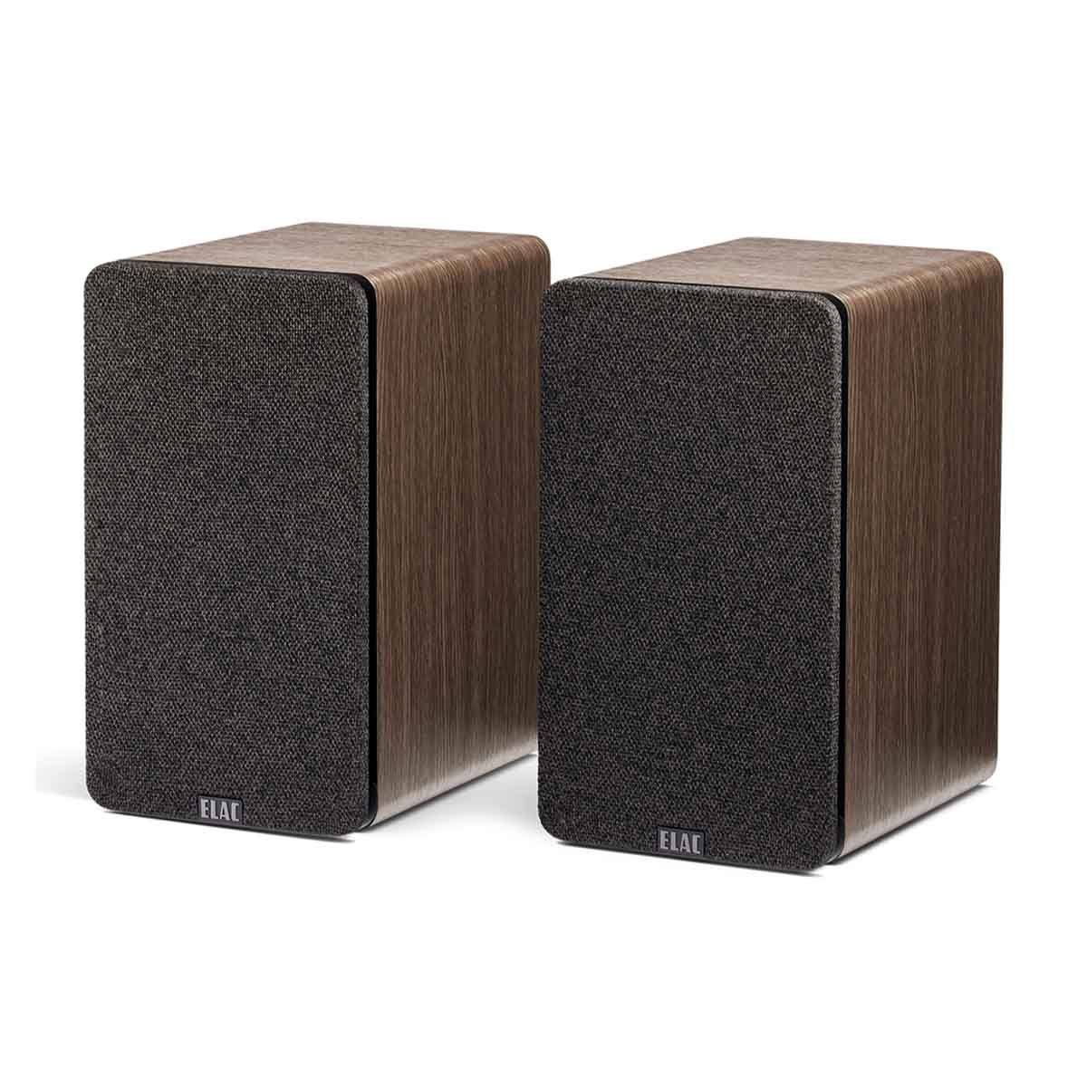 ELAC Debut ConneX DCB41 Powered Monitor Speakers - Walnut Pair with grille - angled front view