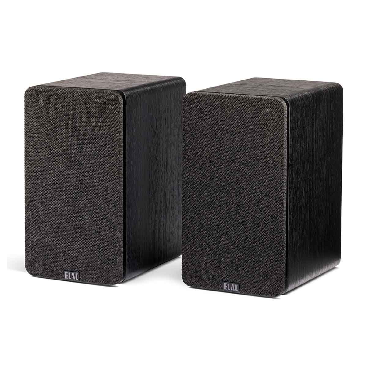 ELAC Debut ConneX DCB41 Powered Monitor Speakers - Black Ash Pair with grille - angled front view