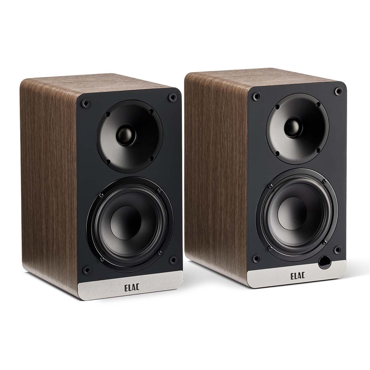 ELAC Debut ConneX DCB41 Powered Monitor Speakers - Walnut Pair without grille - angled front view