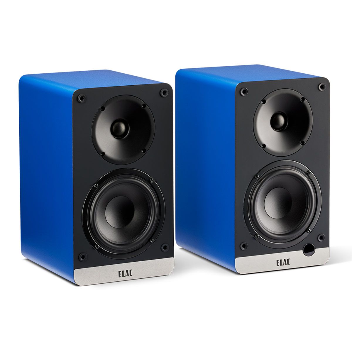 ELAC Debut ConneX DCB41 Powered Monitor Speakers - Royal Blue Pair without grille - angled front view