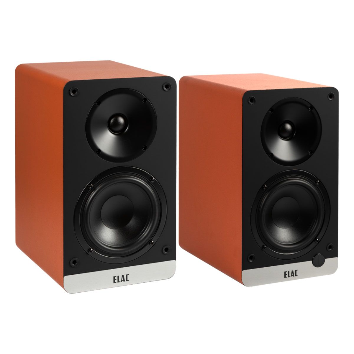 ELAC Debut ConneX DCB41 Powered Monitor Speakers - Orange Pair without grille - angled front view