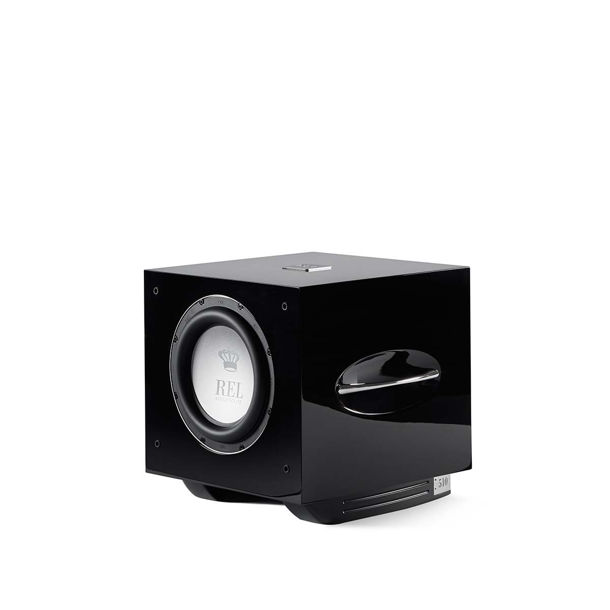 REL Acoustics S/510 Subwoofer, Black, front angle without grille