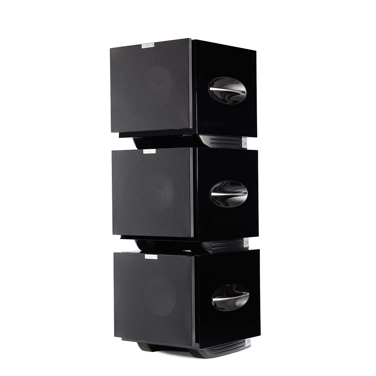 REL Acoustics S/510 Subwoofer, Black, stack of three wth grilles