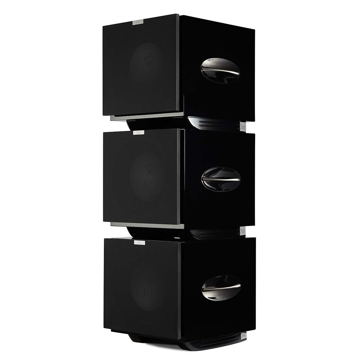 REL Acoustics S/812 Subwoofer, Black, stack of three with grilles