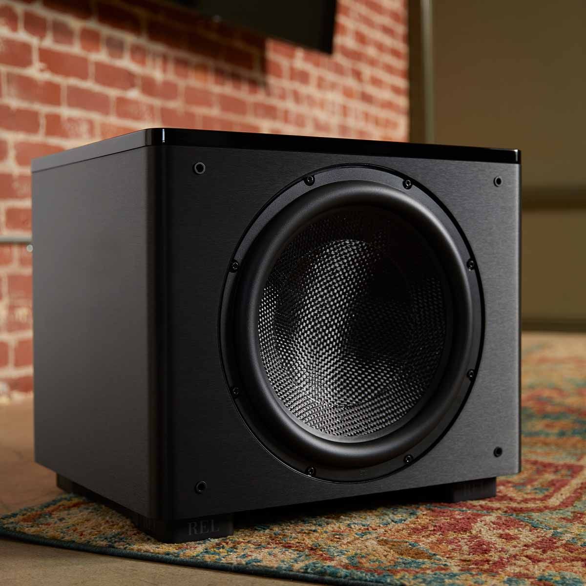 REL HT/1510 Predator Subwoofer - angled front view in living room