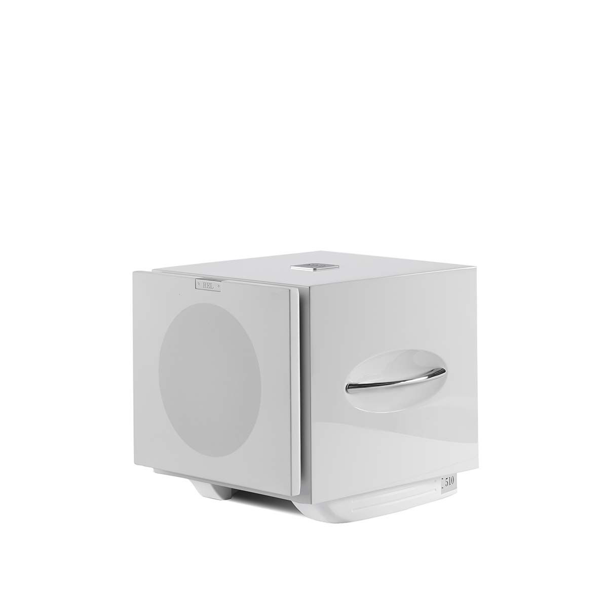 REL Acoustics S/510 Subwoofer, White, front angle with grille
