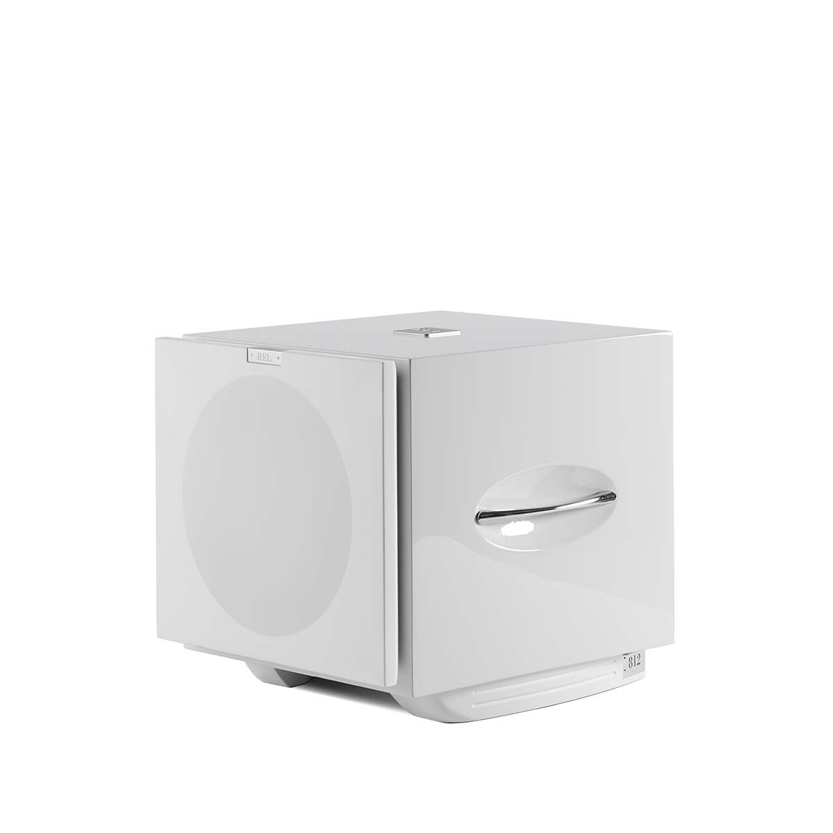 REL Acoustics S/812 Subwoofer, White, front angle with grille