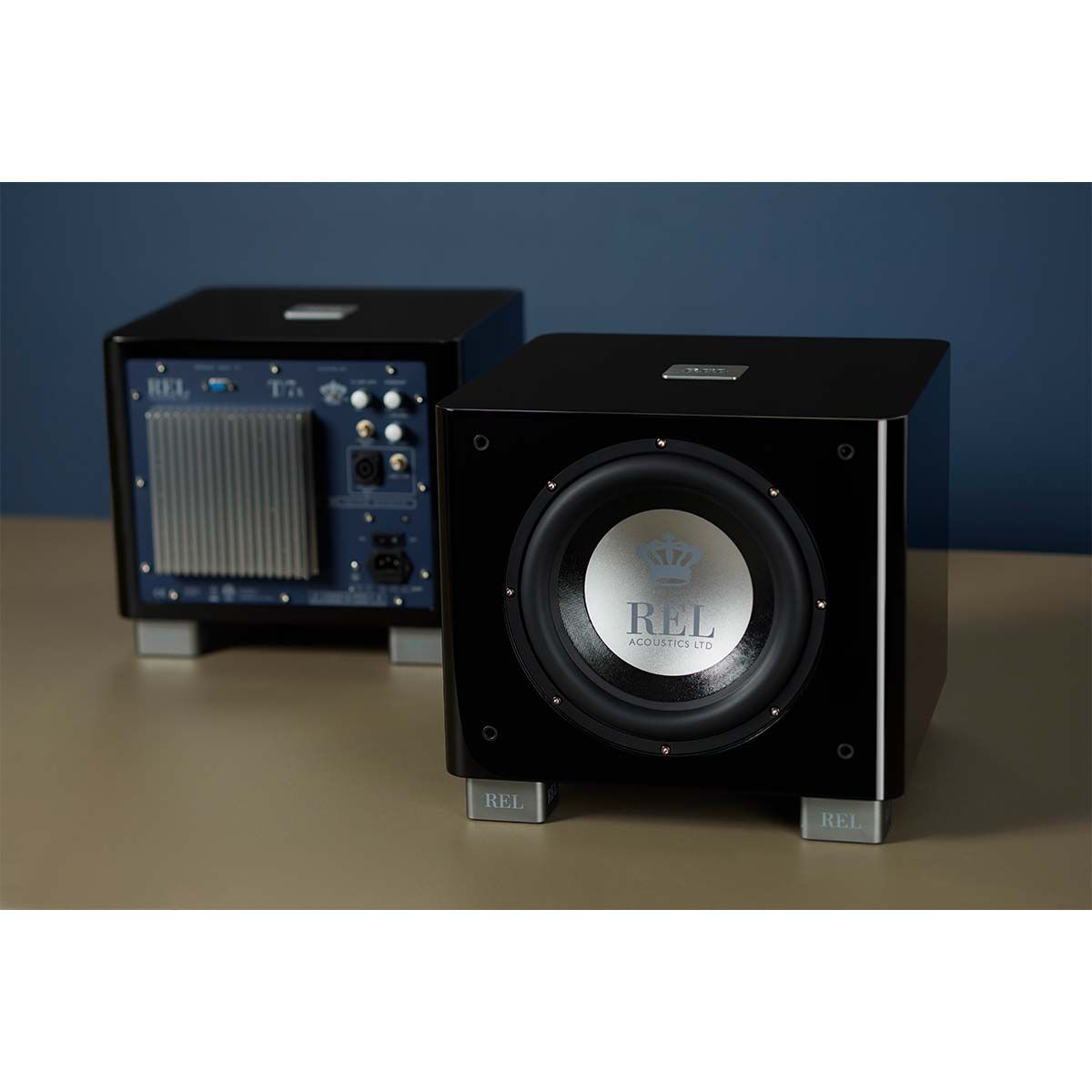 REL T/7x Subwoofer, black, set of two with front and back view