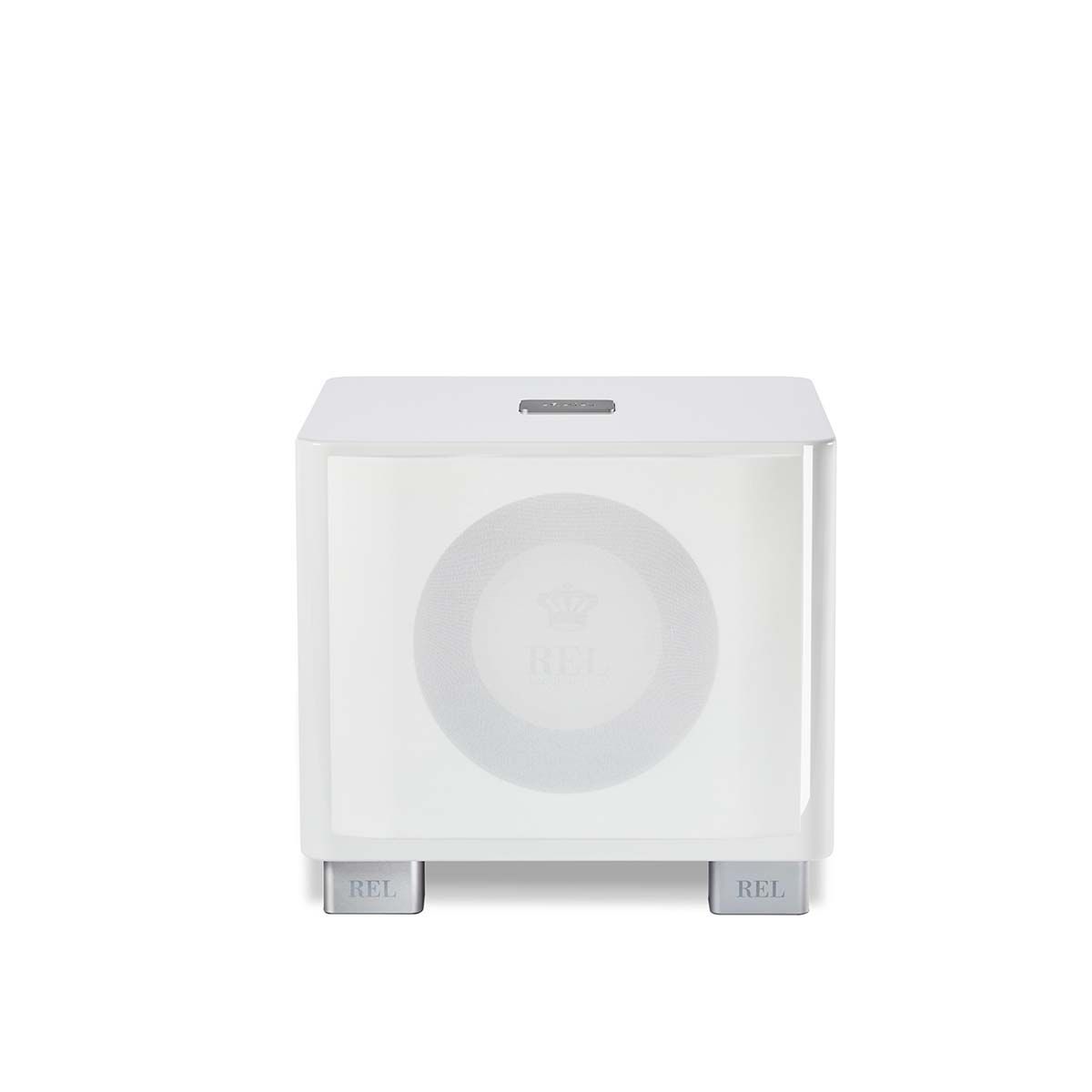 REL T/7x Subwoofer, white, front view with grille