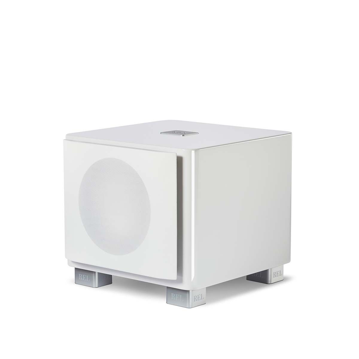 REL T/7x Subwoofer, white, front angle with grille