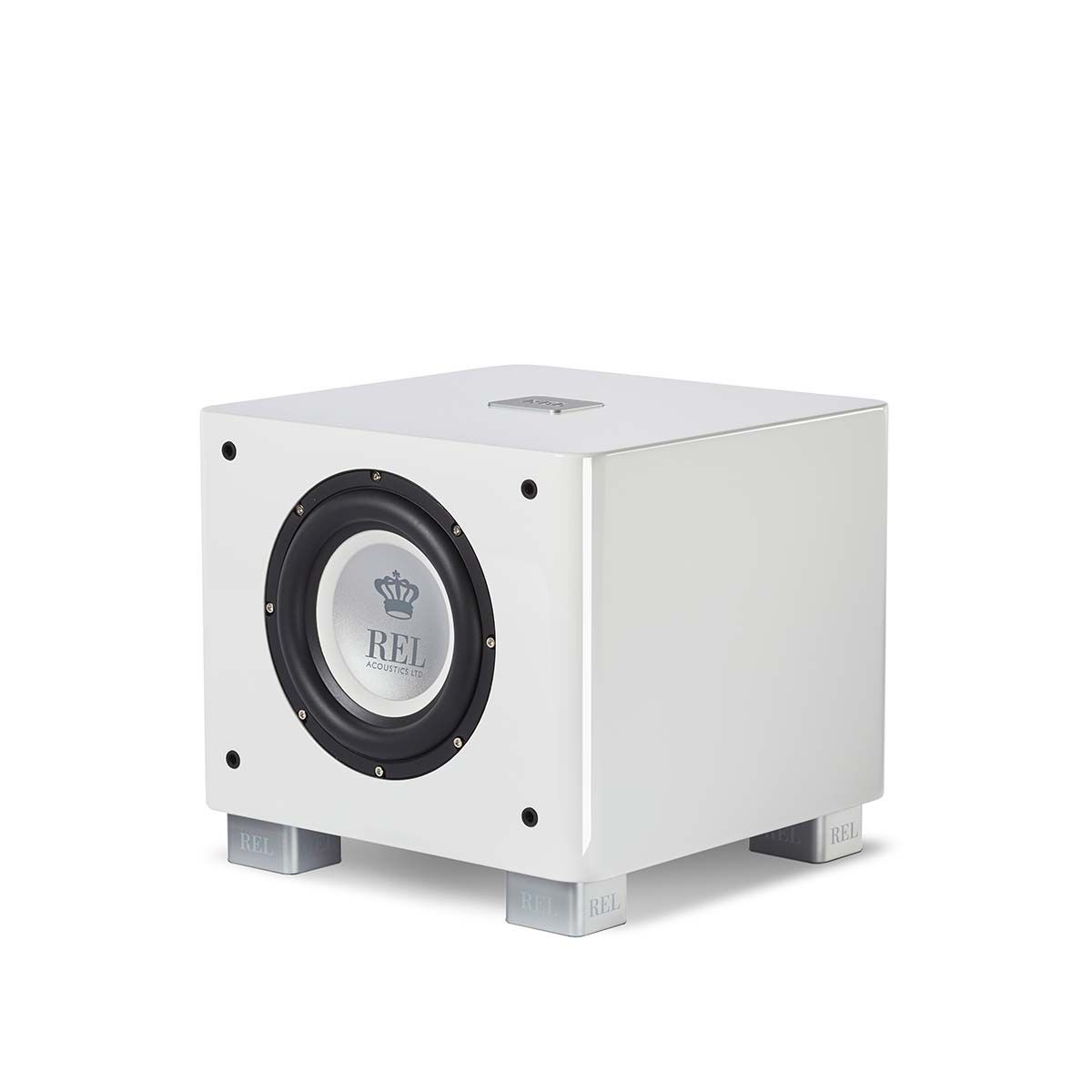 REL T/7x Subwoofer, white, front angle without grille