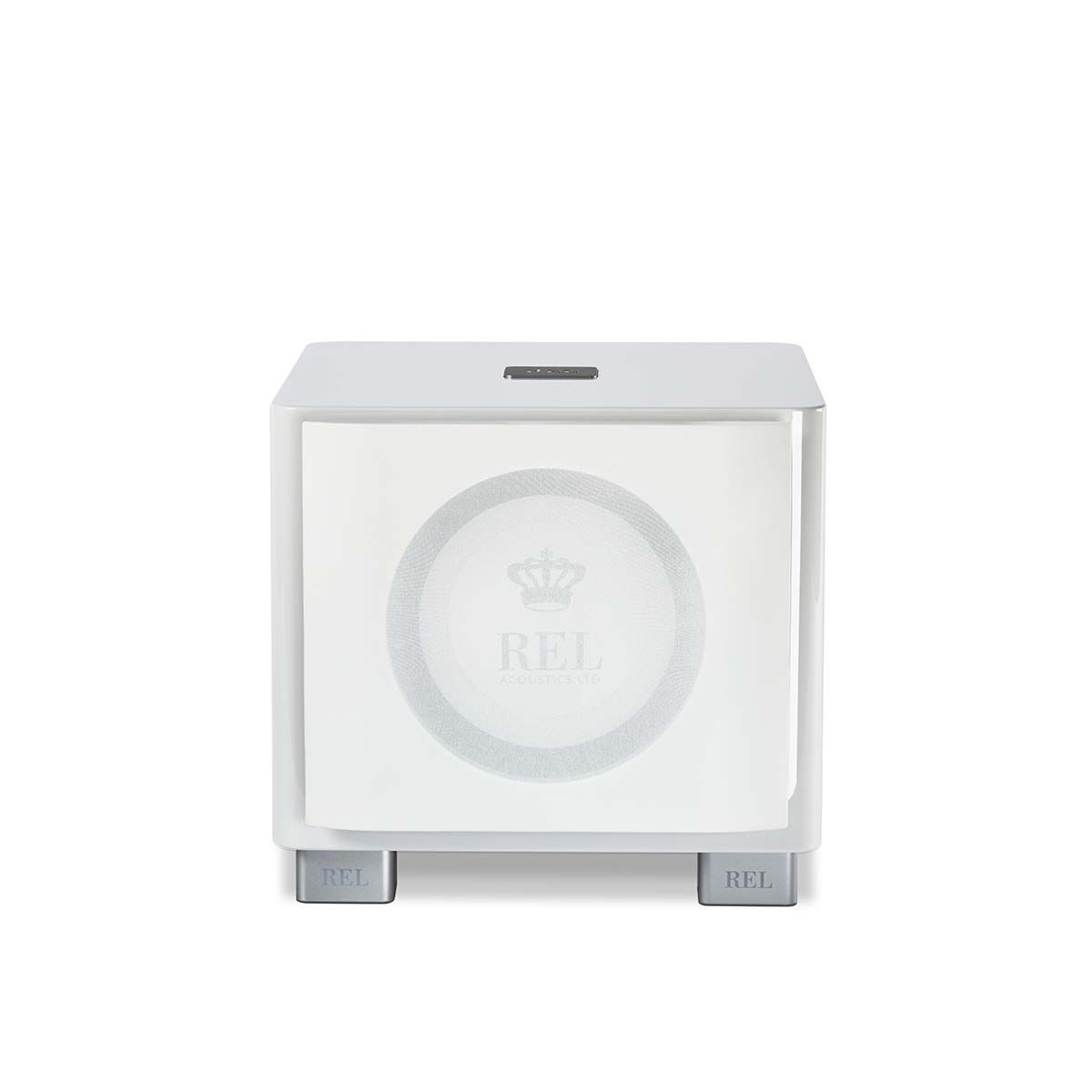 REL Acoustics T/9x Subwoofer, white, front view with grille