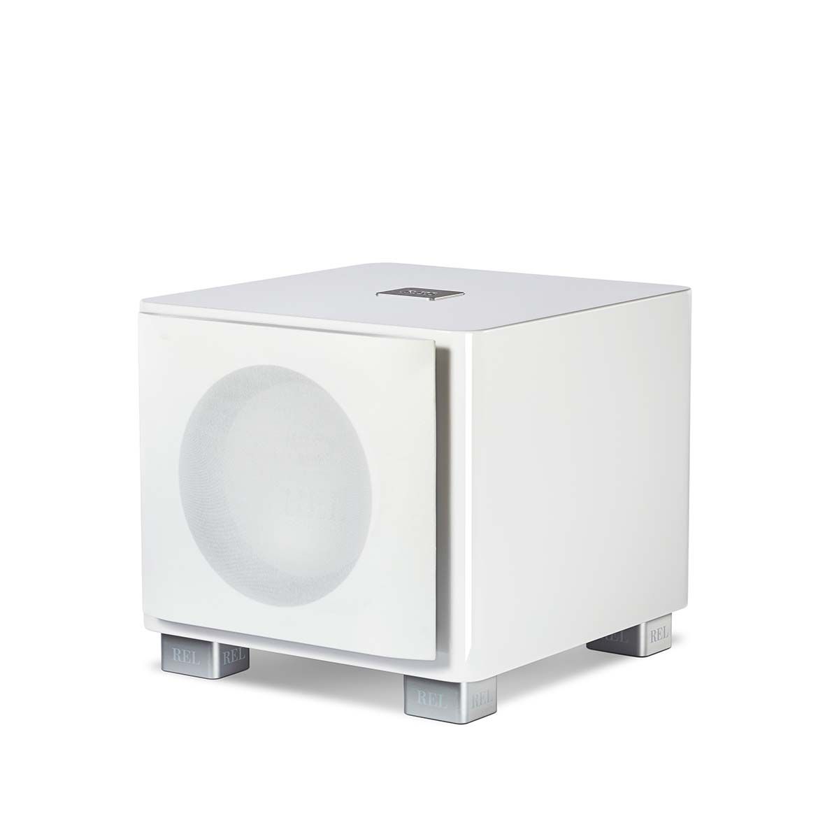 REL Acoustics T/9x Subwoofer, white, front angle with grille