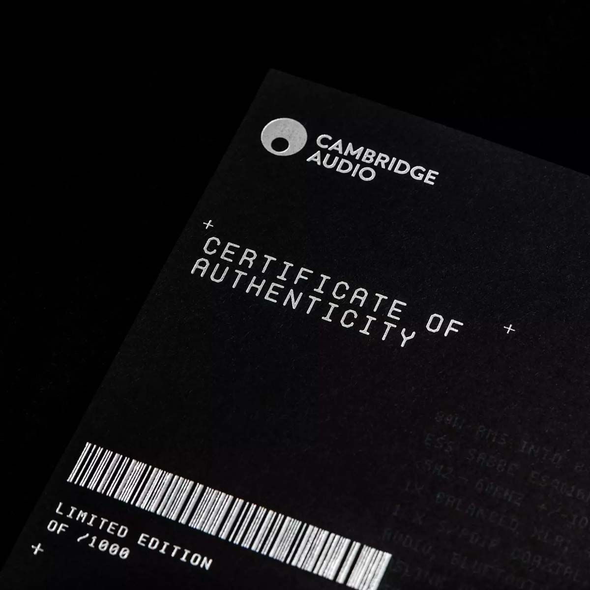 Cambridge Audio CXA81 Integrated Amplifier - Black Edition close-up of certificate of authenticity