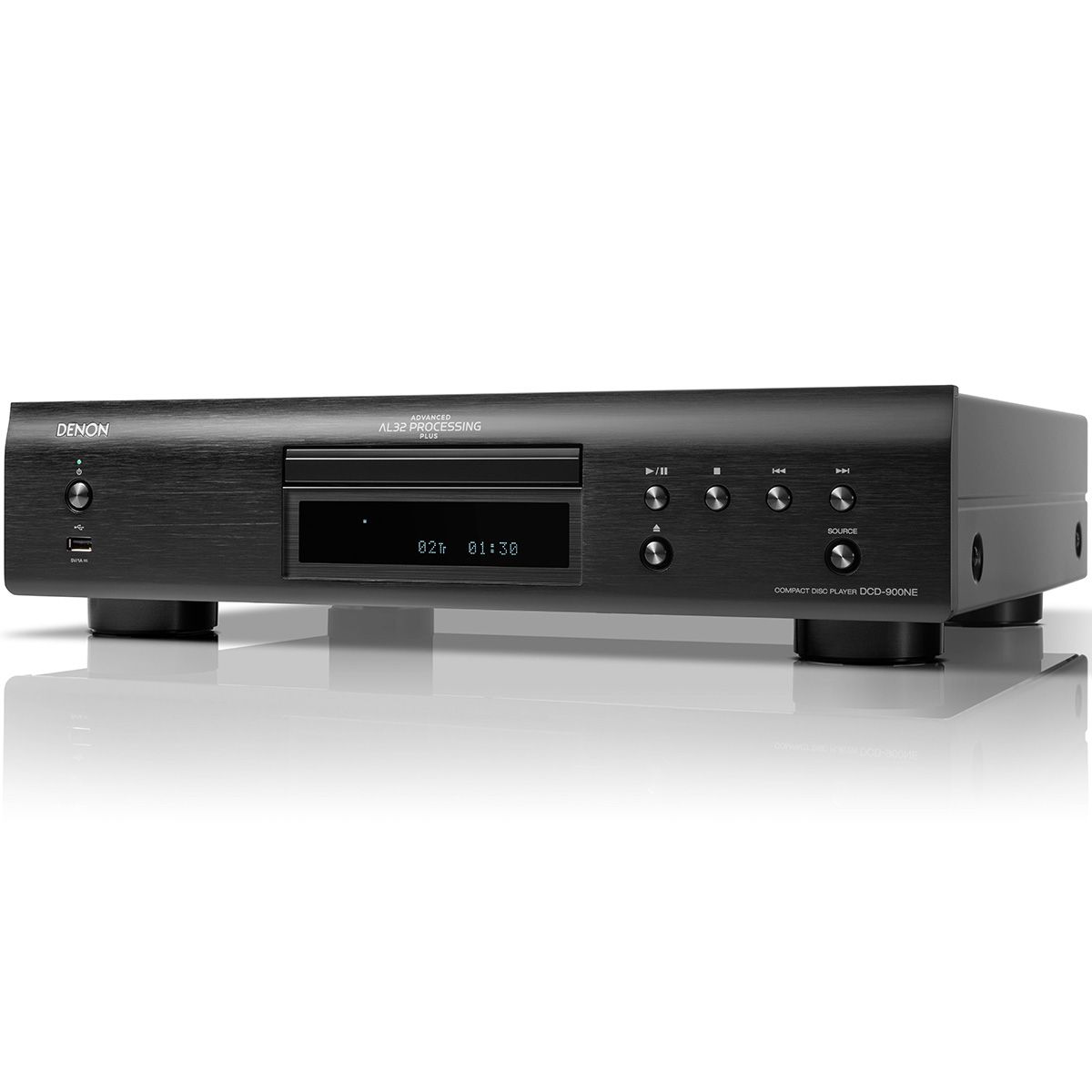 Front view of the black Denon DCD-900NE CD Player at a left angle