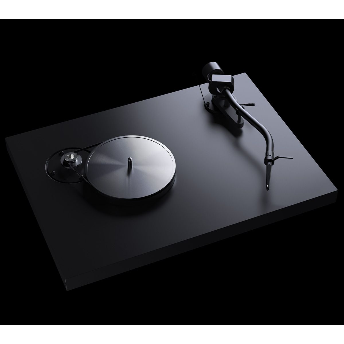 top down angle view of Pro-Ject Debut Pro S Turntable on black background showing belt