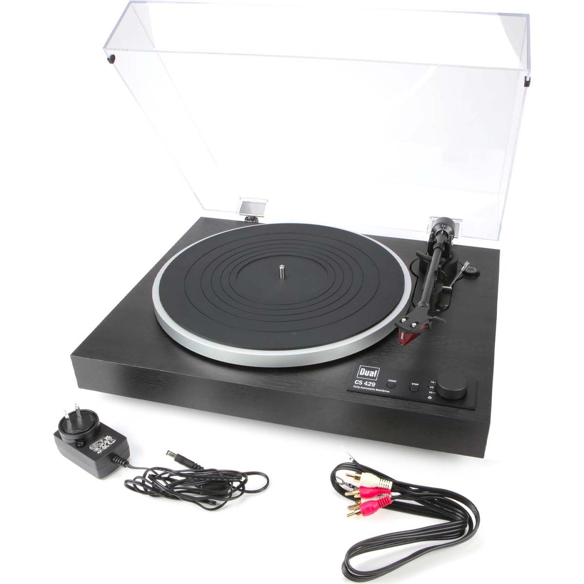 Dual CS429 Fully Automatic HiFi Turntable - front view with accessories