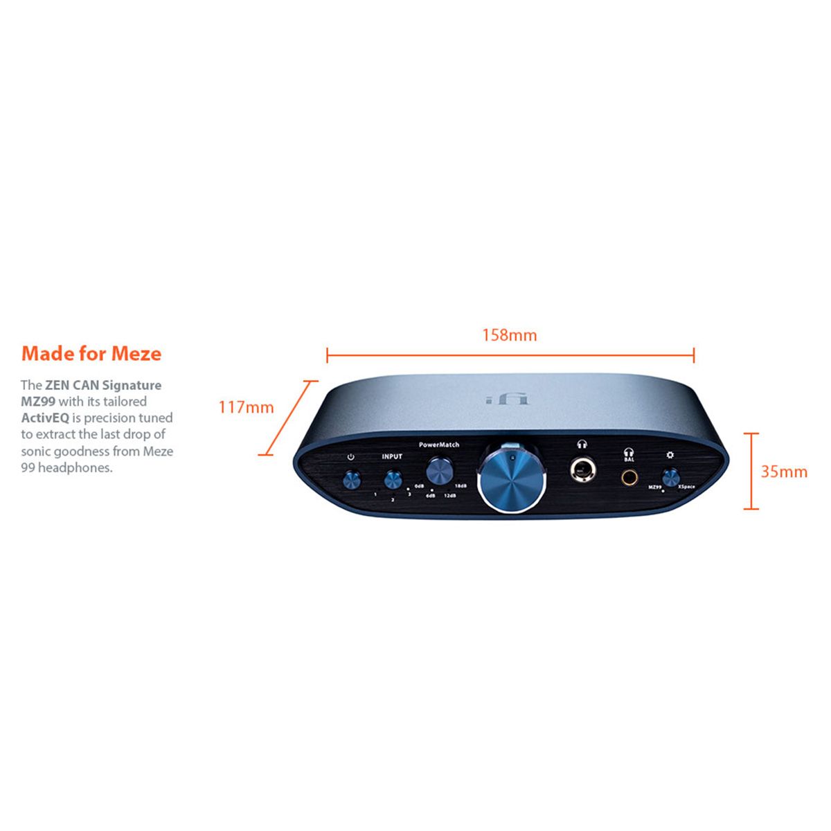 iFi Audio ZEN CAN Signature MZ99 Premium Desk-Fi Headphone Amp - front view with dimensions