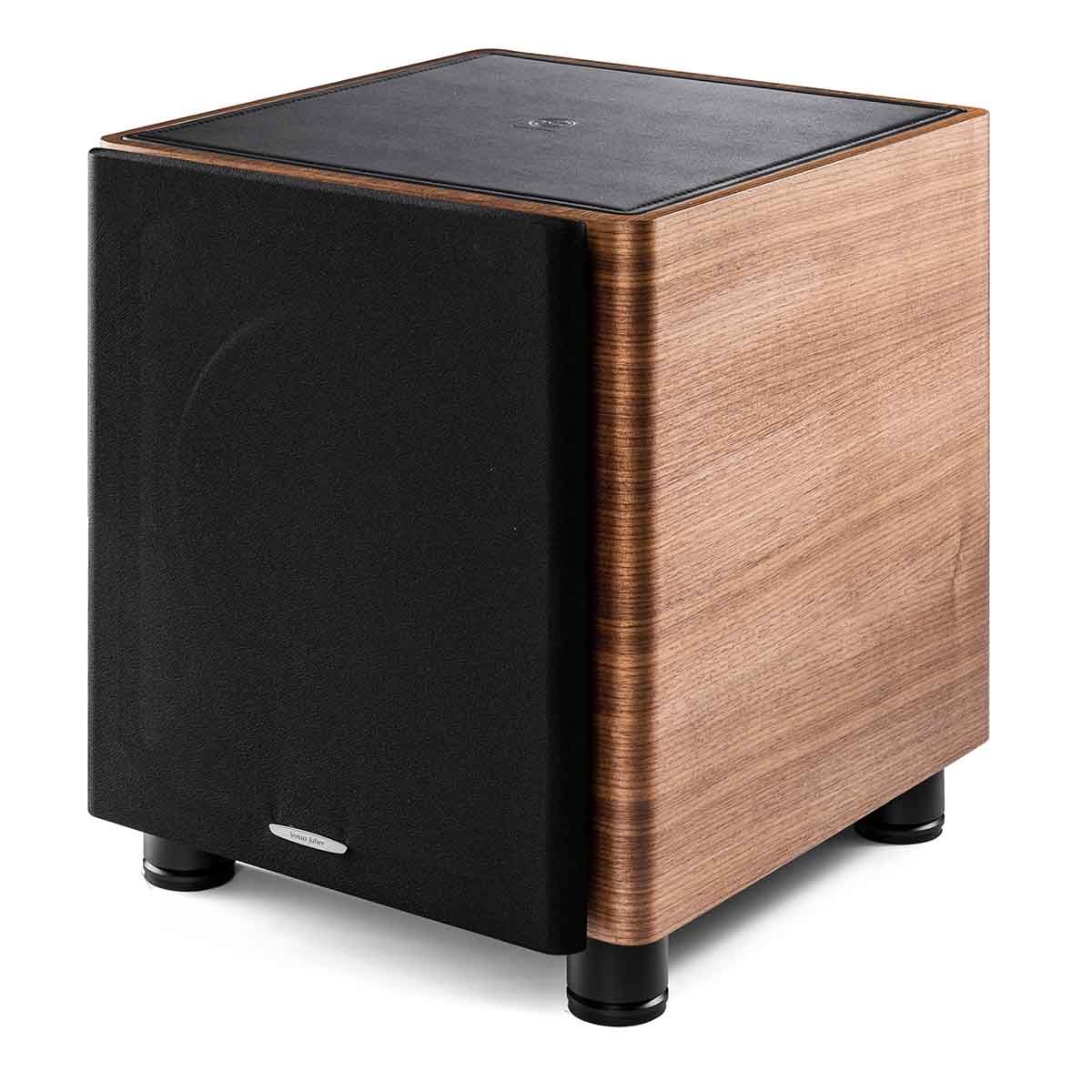 Sonus Faber Gravis II 10" Powered Subwoofer wood angled front view with grille