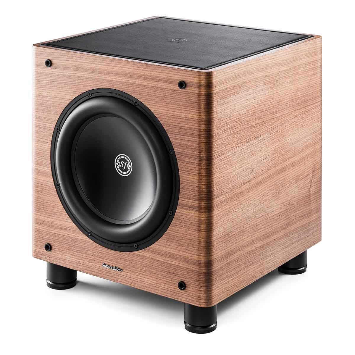 Sonus Faber Gravis II 10" Powered Subwoofer wood angled front view without grille